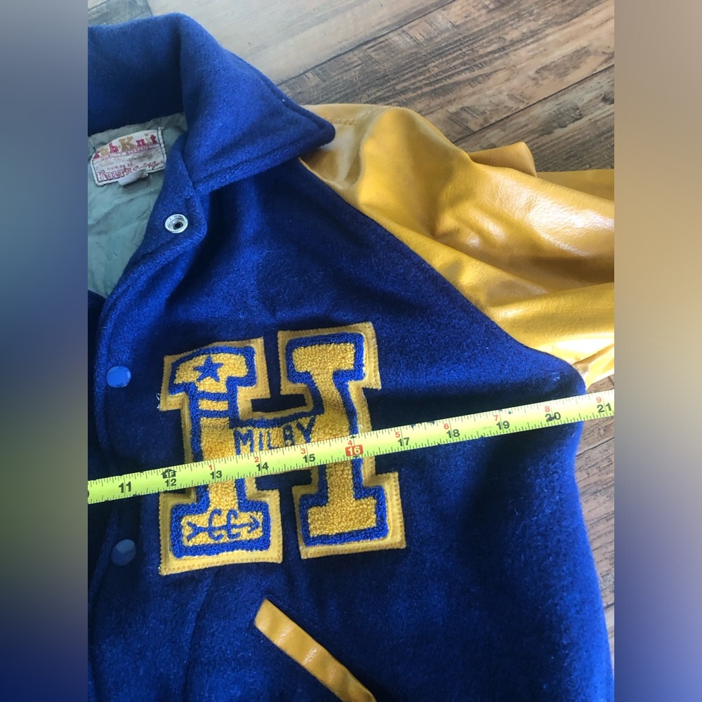 Fab Knit Holts Sporting Goods Varsity Bomber Jacket Sz 40 Yellow Blue H Milby - Picture 7 of 13